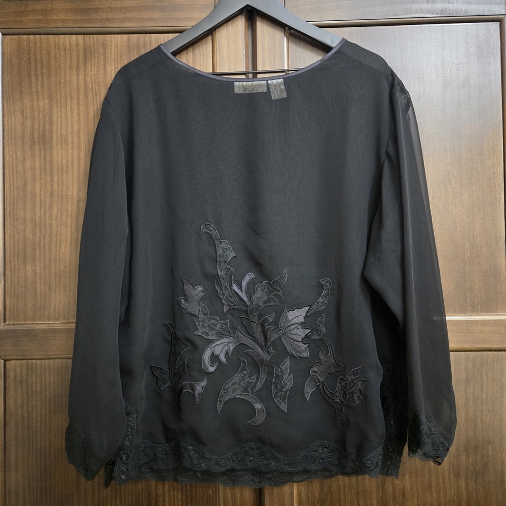 Vintage Victorias Secret Black Sheer Floral Embroidered Lace Trim Blouse Top L - Picture 2 of 13